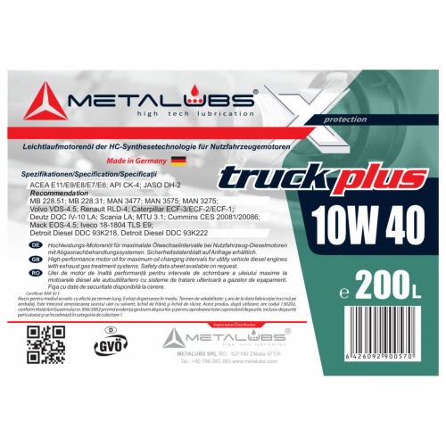 Metalubs 10W40 Truck Plus  200L